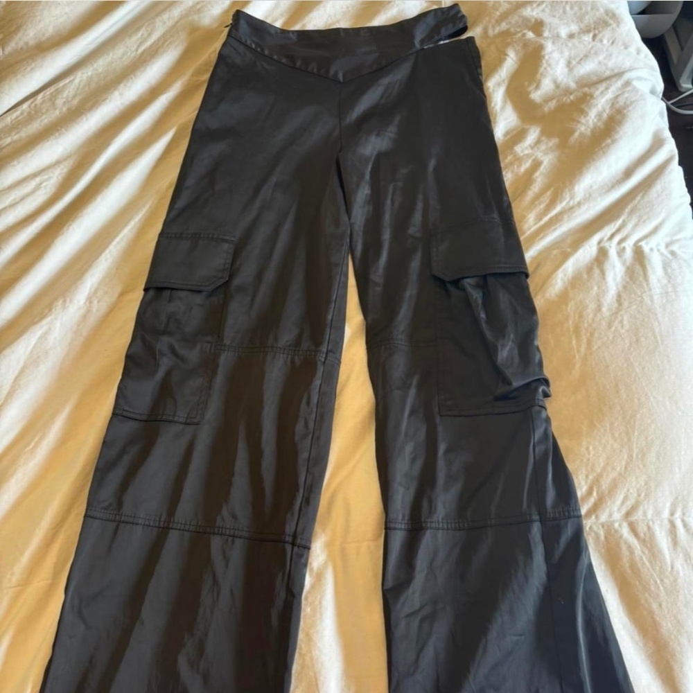 Zara black satin cargo pants with waist cutout